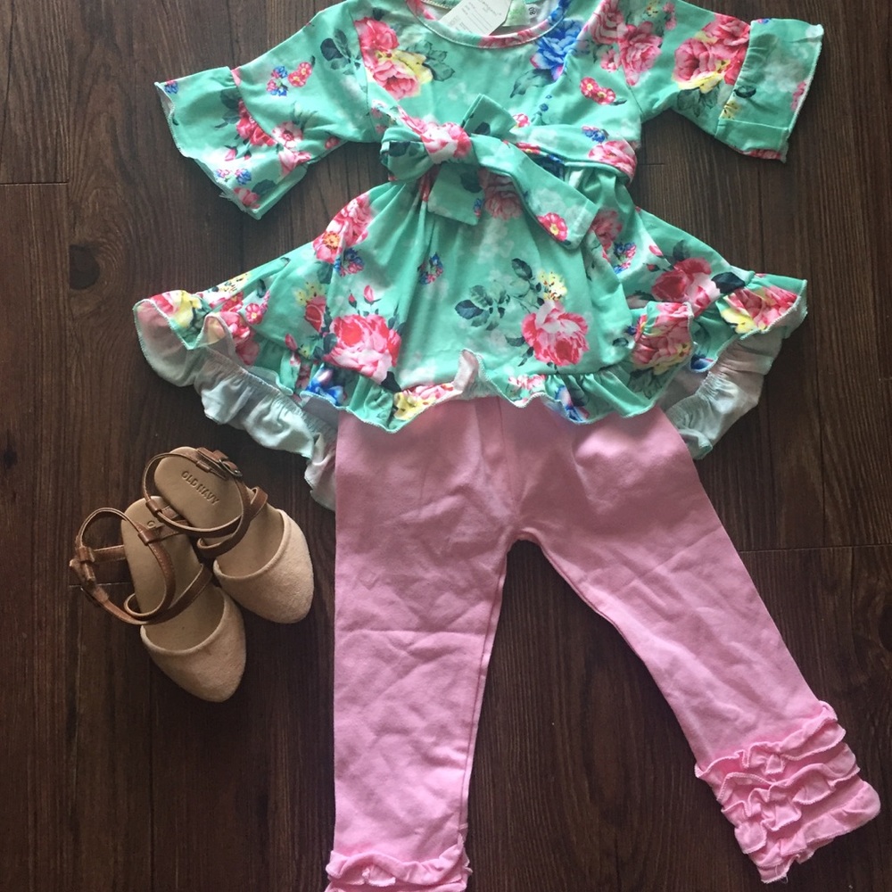 Mint high low floral ruffle set
